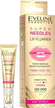 Eveline Super Needles Lip Plumper Hot Effect, złota tuba i pudełko z różowymi napisami, widok z przodu.