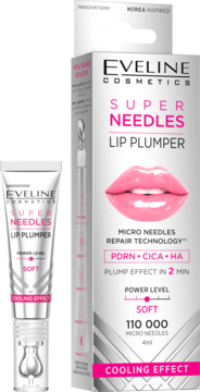 Eveline Super Needles Lip Plumper Cooling Effect, tubka i pudełko z różowymi ustami i opisem składników.
