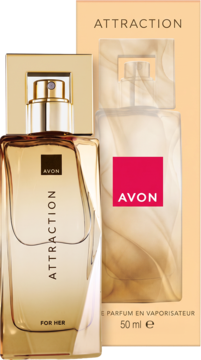 Woda perfumowana Avon Attraction dla Niej, bursztynowy flakon i pudełko, zapach piżma, gruszki i tonki.