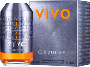 Cerruti 1881 VIVO EDP dla mężczyzn, granatowa butelka z pomarańczową podstawą i dopasowane pudełko.
