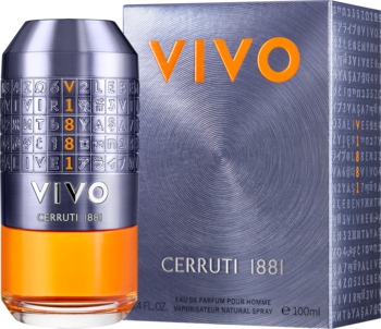 Cerruti 1881 VIVO woda perfumowana męska, stalowo-niebieski flakon z pomarańczowym dołem, obok pudełko VIVO.