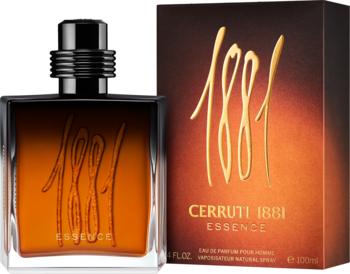 Cerruti 1881 Essence, bursztynowy flakon EDP z napisem 1881 i kartonik, widok z przodu na ciemnym tle.
