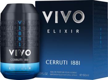 Cerruti 1881 VIVO ELIXIR męskie perfumy. Butelka z kodem VIVO i granatowe pudełko, widok z przodu.