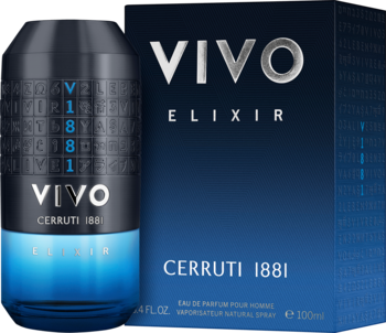 Męskie perfumy Cerruti 1881 VIVO ELIXIR, niebiesko-czarny flakon obok pudełka. Widok z przodu pod kątem.