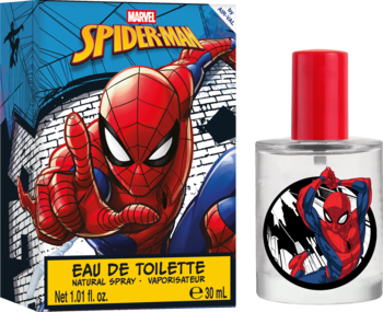 Perfumy Spider-Man 30ml: niebieskie pudełko z bohaterem i szklana butelka z czerwoną nakrętką, widok z przodu.