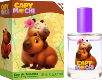 Capy Mochi Eau de Toilette 30ml, butelka z fioletowym korkiem i pudełko z rysunkiem dwóch przytulających się kapibar. Na czarnym tle.