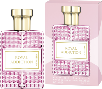 Perfumy Royal Addiction w różowej, fasetowanej butelce z białym napisem i złotą nakrętką, obok pudełko.