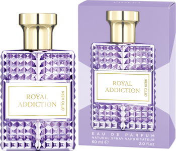Perfum Royal Addiction 60 ml w fioletowej butelce z wypukłą teksturą i pasującym pudełkiem, widok z przodu.