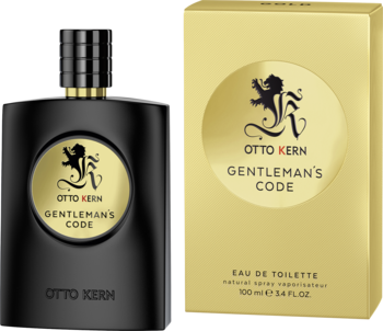 Otto Kern Gentlemans Code męska woda toaletowa: czarna butelka z logo i złote pudełko 100ml, widok z przodu.