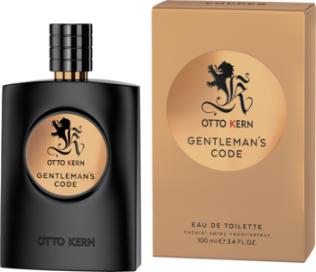 Otto Kern Gentleman's Code, męska woda toaletowa. Czarna butelka ze złotym logo, beżowe pudełko obok.