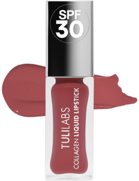 TULILABS pomadka Collagen Liquid Lipstick SPF 30, odcień pudrowego różu, w przezroczystej butelce ze swatch'em.