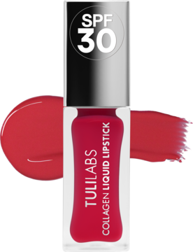 TULILABS Collagen Liquid Lipstick SPF 30, czerwona pomadka w płynie z połyskującym wykończeniem i próbkami.