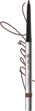 Pionowy brązowy automatyczny lip pencil Tuli Labs w srebrno-czarnej obudowie na czarnym tle.