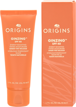 Origins GinZing SPF 40 energetyzujący krem tonujący w pomarańczowej tubce i pudełku, widok z przodu.