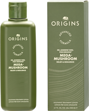 Lotion do twarzy Origins Mega-Mushroom w ciemnozielonej butelce i pasującym pudełku, widok z przodu.