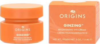 Origins GinZing Brightening Eye Cream 15ml, pomarańczowy słoiczek i pudełko stojące obok siebie.