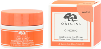 Origins GinZing Brightening Eye Cream, pomarańczowy słoik i pudełko, odcień Warm, widok z przodu.