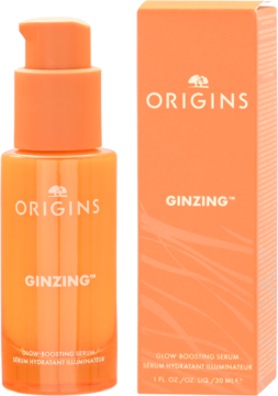 Origins Ginzing Glow Boosting Serum w pomarańczowej butelce z pompką, obok pomarańczowe pudełko produktu, lekko pod kątem.