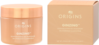 Origins Ginzing Glow Boosting Gel Moisturizer w brzoskwiniowym słoiczku i pudełku, widok z przodu.
