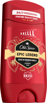 Czerwony dezodorant w sztyfcie Old Spice Epic Legend, zapach Bourbon Vanilla, widok z przodu.