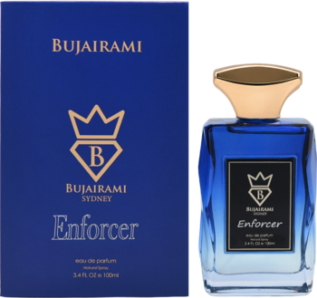 Woda perfumowana Bujairami Enforcer unisex, świeży owocowo-cytrusowy zapach, niebieska butelka i pudełko.