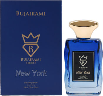 Bujairami New York woda perfumowana unisex, niebieska butelka 100ml z złotą nakrętką i granatowe opakowanie.