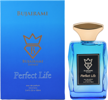 Niebieska woda perfumowana unisex Bujairami Perfect Life w prostokątnej butelce ze złotym korkiem, obok pudełka.