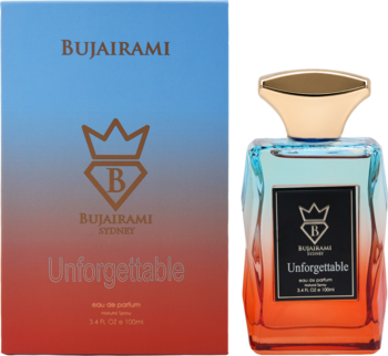 Bujairami Unforgettable, cytrusowa woda perfumowana damska. Butelka i pudełko z gradientem niebiesko-pomarańczowym, złote logo.