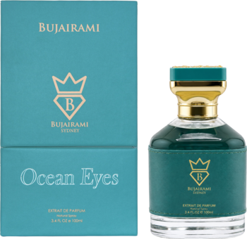Ekstrakt perfum Bujairami Ocean Eyes, damski: butelka ze złotą nakrętką i etykietą w morskim turkusie obok pasującego pudełka.