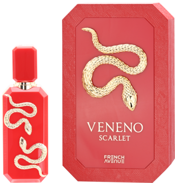 Ekstrakt perfum Veneno Scarlet: czerwona butelka i pudełko French Avenue ze złotym wężem, widok z przodu.