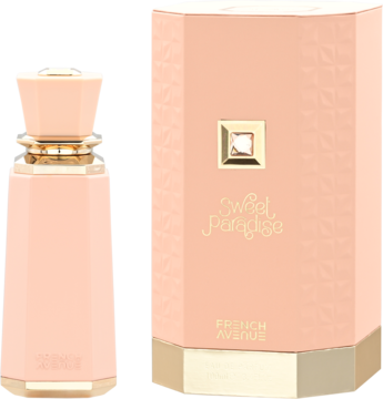 Woda perfumowana Sweet Paradise French Avenue w różowej butelce i dopasowanym, geometrycznym pudełku, widok z przodu.