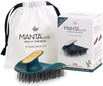 Szczotka MANTA Curls Healthy Hair w turkusie, z torbą i pudełkiem, dla włosów kręconych, widok z przodu.