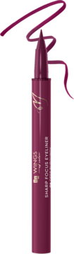 Burgundowy eyeliner-pisak Wings of Color Sharp Focus z widocznym aplikatorem i próbką koloru.
