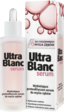 Ultra Blanc serum, wybielające proteolityczne serum do mycia zębów. Biała butelka z pipetą i karton, widok z przodu.