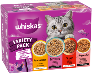 Whiskas Variety Pack mokrej karmy dla kota, fioletowe pudełko z szarym kotem, 42 saszetki, widok z przodu.