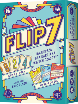 Front i bok pudełka gry karcianej Flip 7 w kolorze turkusowym. Widać karty z cyframi i napis 'NAJLEPSZA GRA KARCIANA'.