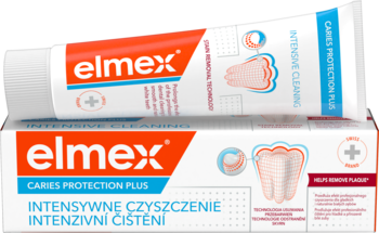 Biała tubka i pudełko pasty elmex Caries Protection Plus, z czerwono-niebieskimi akcentami, widok z boku.