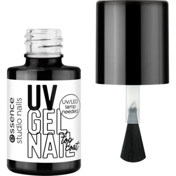 Essence Studio Nails UV Gel Nails Top Coat, czarna butelka z białym napisem oraz osobny pędzelek.