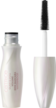 Catrice Glam & Doll Volume Mini Mascara Waterproof. Perłowa tubka z otwartym aplikatorem i czarną szczoteczką.