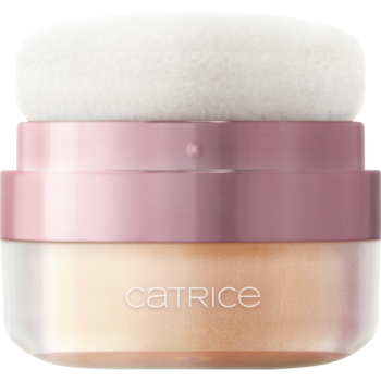 Catrice BRIDES & BESTIES Glitter Dream C01 rozświetlacz w poduszeczce, beżowy puder z białą gąbeczką.