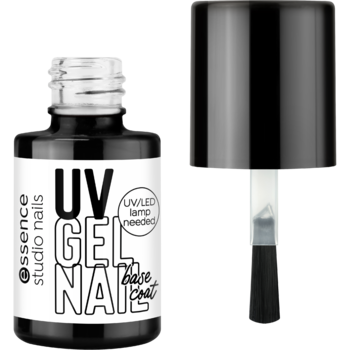 Czarna baza do paznokci essence studio nails UV GEL NAIL, otwarta butelka z pędzelkiem aplikatora.