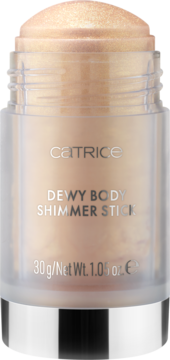 Złoty sztyft rozświetlający Catrice Dewy Body Shimmer, 30g, w przezroczystym opakowaniu, widok z przodu.
