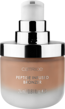 Catrice Peptide Infused Bronzer C01 Too Tan To Handle, szklana butelka z pompką, chłodny brąz, widok z przodu.