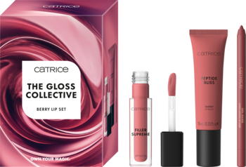 Zestaw Catrice The Gloss Collective Berry Lip Set: różowe opakowanie, błyszczyk, balsam i konturówka do ust.
