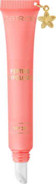 Błyszczyk Catrice Peptide Lipgloss SPF 25 w różowej tubce z aplikatorem i złotym kwiatkiem, widok z przodu.
