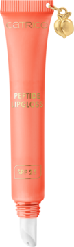 Catrice Peptide Lipgloss Peach Iced Tea, brzoskwiniowa tubka, widok z przodu, SPF 25 i złoty breloczek.