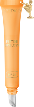 Pomarańczowy błyszczyk do ust Catrice Peptide Lipgloss SPF 25 z otwartym aplikatorem i złotą zawieszką.