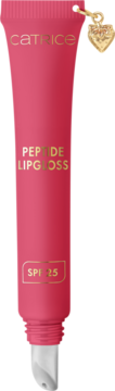 Różowy błyszczyk Catrice Peptide Lip Gloss SPF 25 Strawberry Sorbet w tubce, ze złotą zawieszką i aplikatorem.