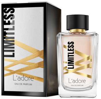 Perfumy Limitless L'adore EAU DE PARFUM w szklanym flakonie z jasnoróżowym płynem i czarnym pudełkiem, widok z przodu.