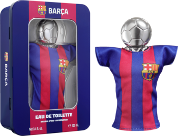 Męskie perfumy FC Barcelona EDT w flakonie koszulki piłkarskiej z głową-piłką, widoczne w puszce i obok.
